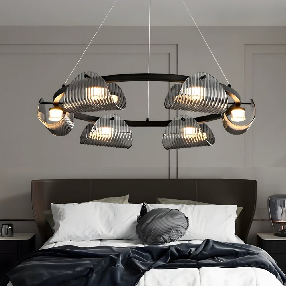 Round Six Eight Ten Lights Curved Striped Glass LED Dimmable Nordic Chandelier
