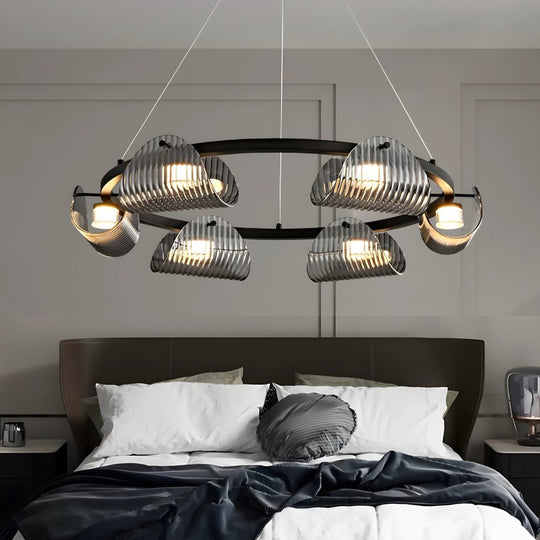 Round Six Eight Ten Lights Curved Striped Glass LED Dimmable Nordic Chandelier