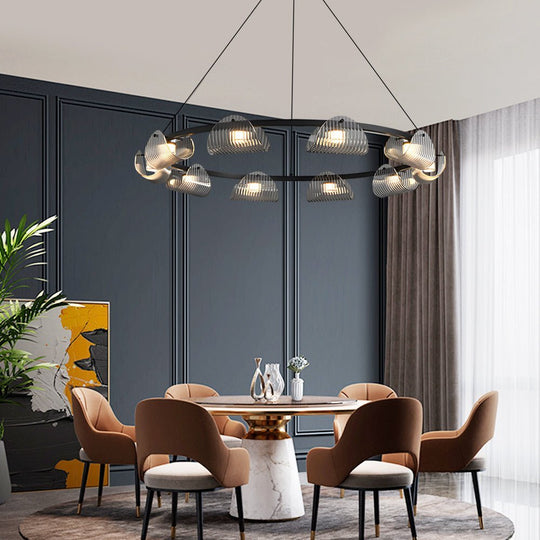 Round Six Eight Ten Lights Curved Striped Glass LED Dimmable Nordic Chandelier