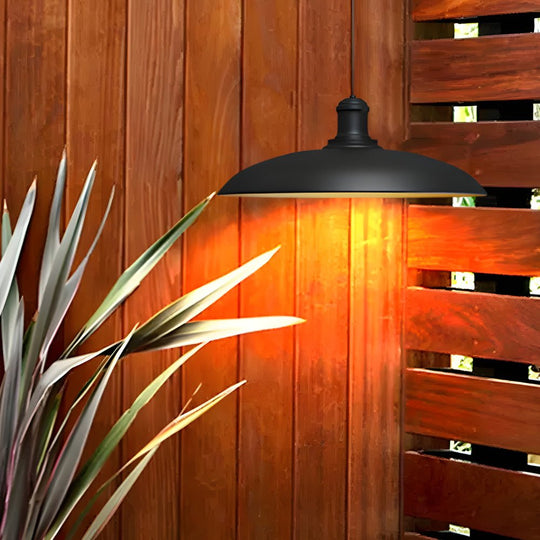 Round Black Metal Saucer-Shaped Outdoor Pendant Light