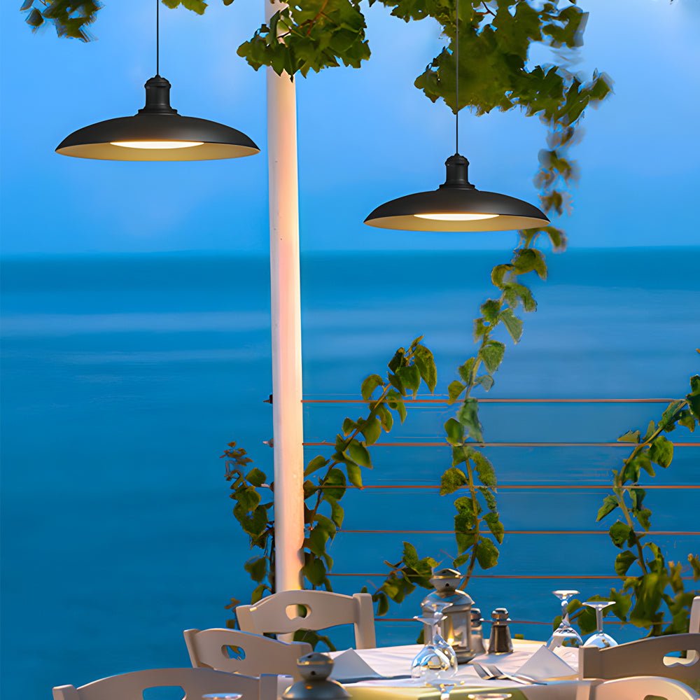 Round Black Metal Saucer-Shaped Outdoor Pendant Light