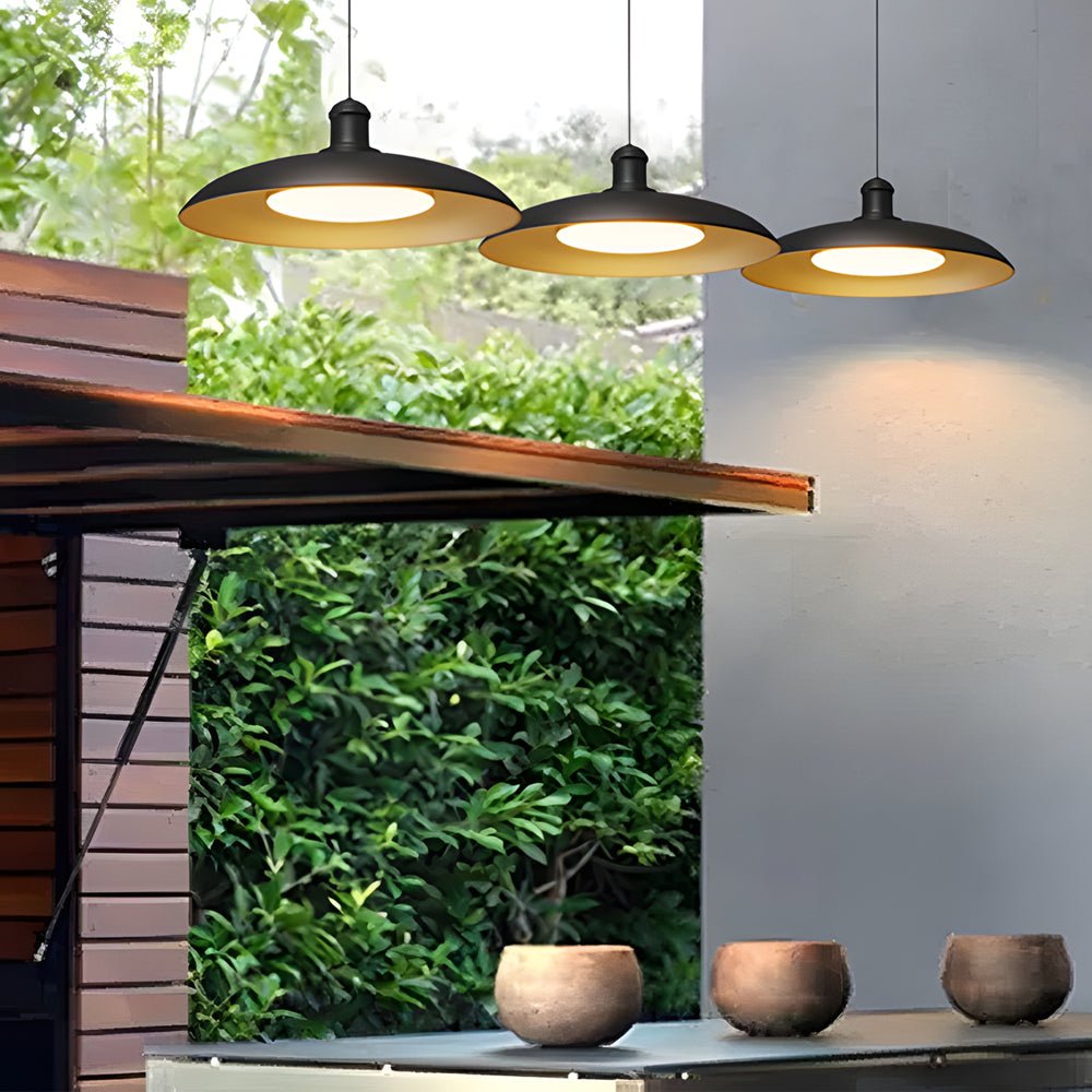 Round Black Metal Saucer-Shaped Outdoor Pendant Light