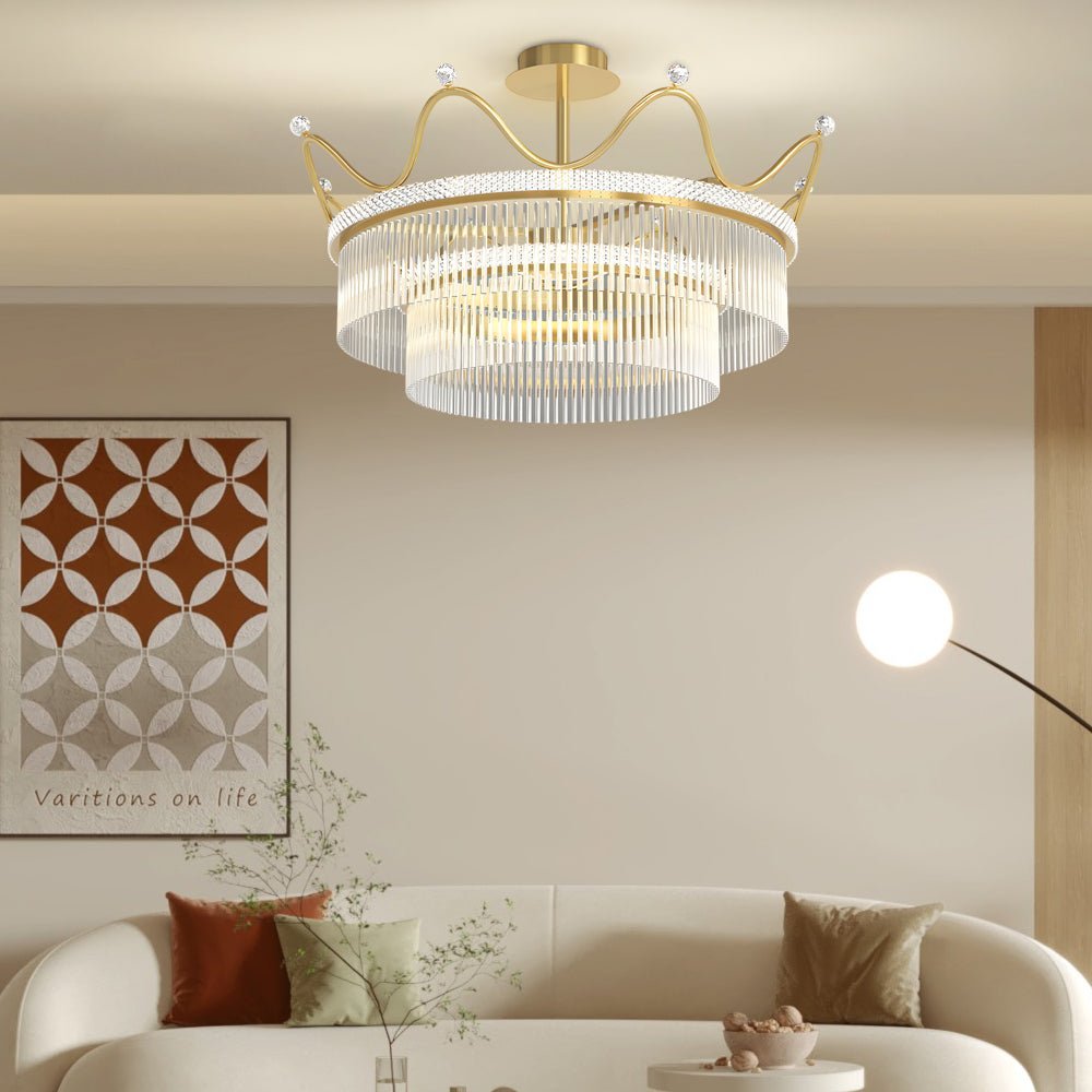 Round Crystal Crown Chandelier with 3-Step Dimming