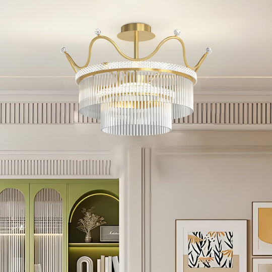 Round Crystal Crown Chandelier with 3-Step Dimming