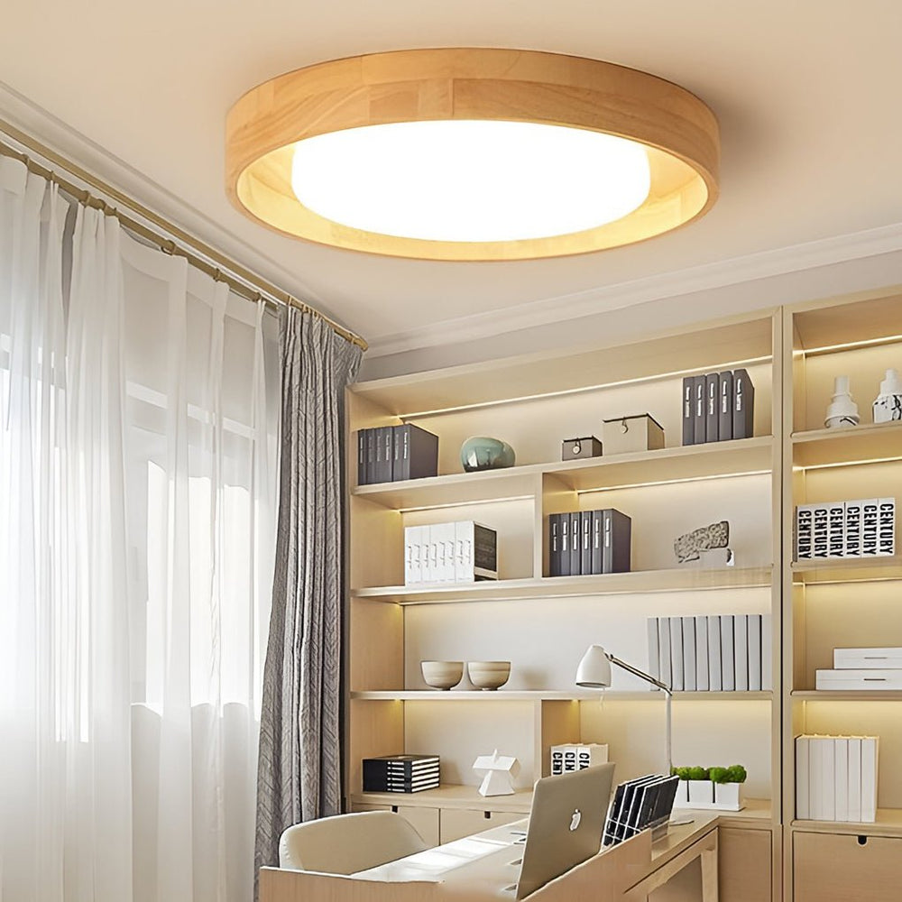 Round Dimmable LED Wooden Nordic Ceiling Light Flush Mount Fixture