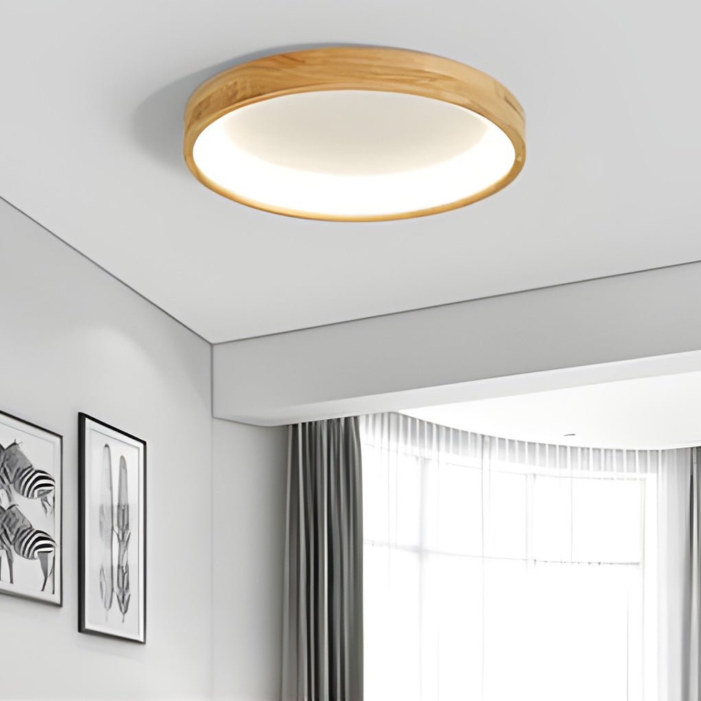 Round Dimmable LED Wooden Nordic Ceiling Light Flush Mount Fixture