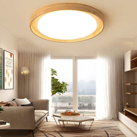 Round Dimmable LED Wooden Nordic Ceiling Light Flush Mount Fixture