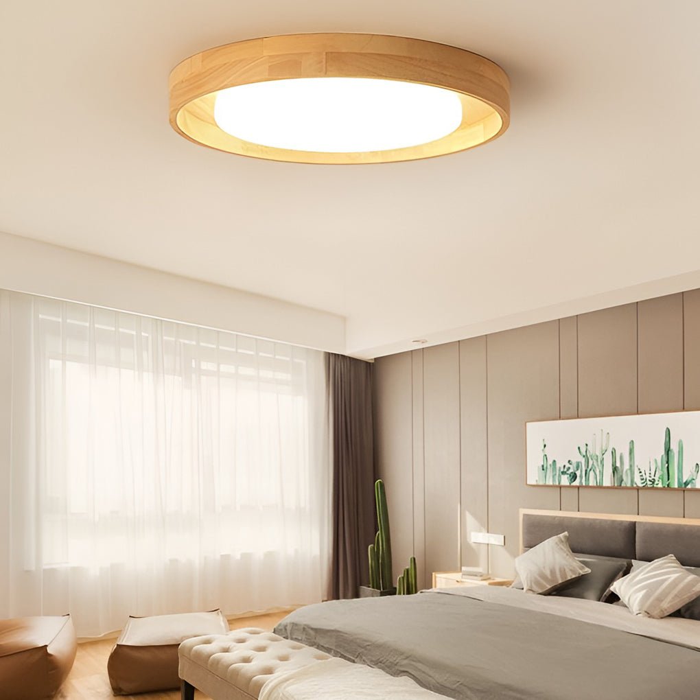 Round Dimmable LED Wooden Nordic Ceiling Light Flush Mount Fixture