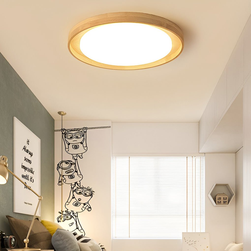 Round Dimmable LED Wooden Nordic Ceiling Light Flush Mount Fixture