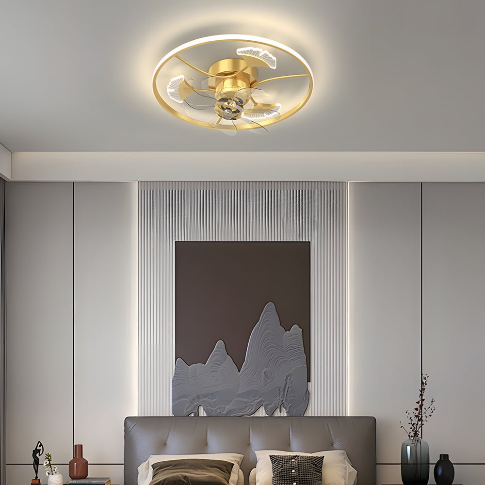 Round Ginkgo Leaves 3-Step Dimming Modern Ceiling Fan Light – Black or Gold
