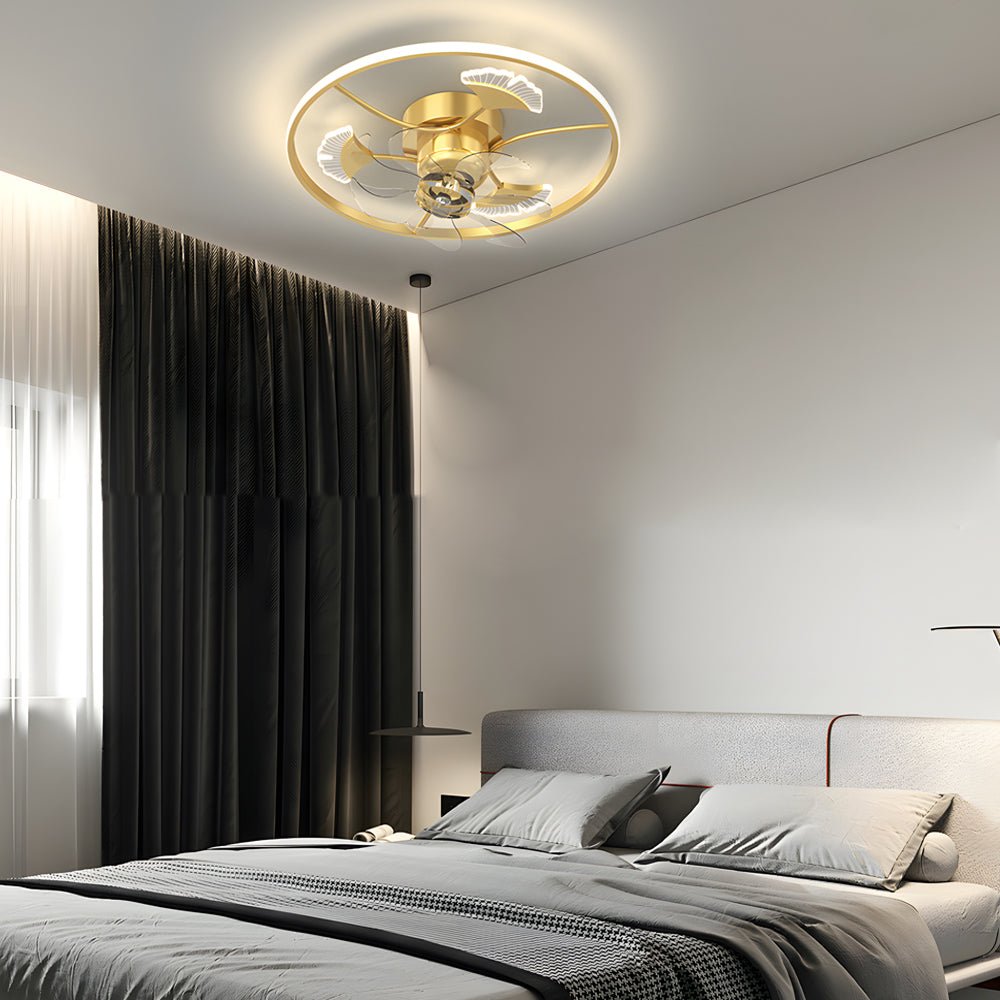 Round Ginkgo Leaves 3-Step Dimming Modern Ceiling Fan Light – Black or Gold