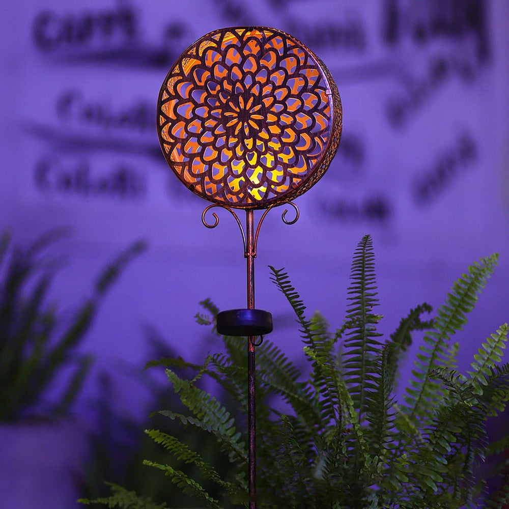 Round Iron Hollow Solar Lawn Lights with Flower Projection