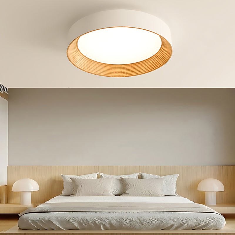 Round Iron Three Step Dimming Modern Wood Texture LED Ceiling Light Fixture