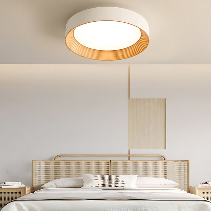 Round Iron Three Step Dimming Modern Wood Texture LED Ceiling Light Fixture