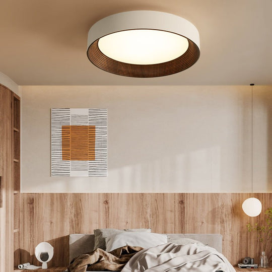 Round Iron Three Step Dimming Modern Wood Texture LED Ceiling Light Fixture