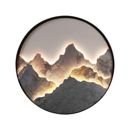 Round Natural Rock Slab LED Wall Light with Mountain Scenery Design