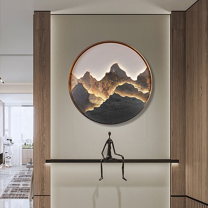 Round Natural Rock Slab LED Wall Light with Mountain Scenery Design