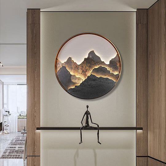 Round Natural Rock Slab LED Wall Light with Mountain Scenery Design