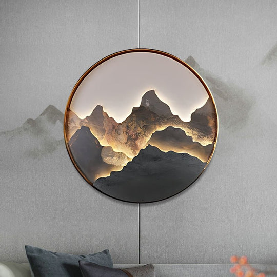 Round Natural Rock Slab LED Wall Light with Mountain Scenery Design