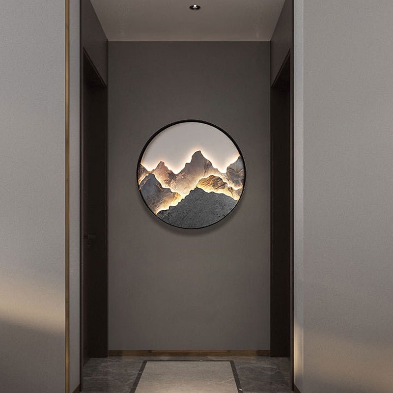 Round Natural Rock Slab LED Wall Light with Mountain Scenery Design