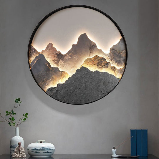 Round Natural Rock Slab LED Wall Light with Mountain Scenery Design