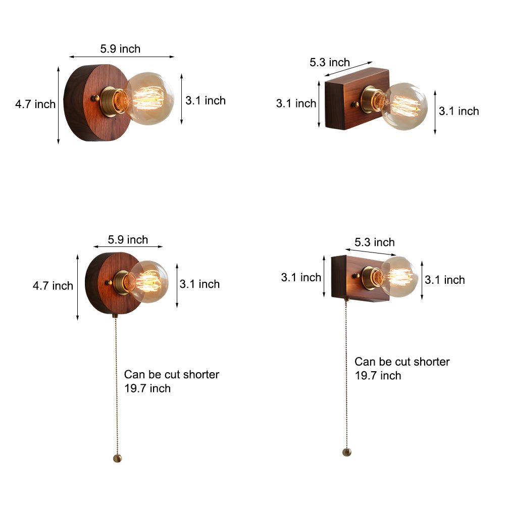 Round/Square Vintage Walnut Wood Wall Lamp – 1-Light with Pull Chain Switch