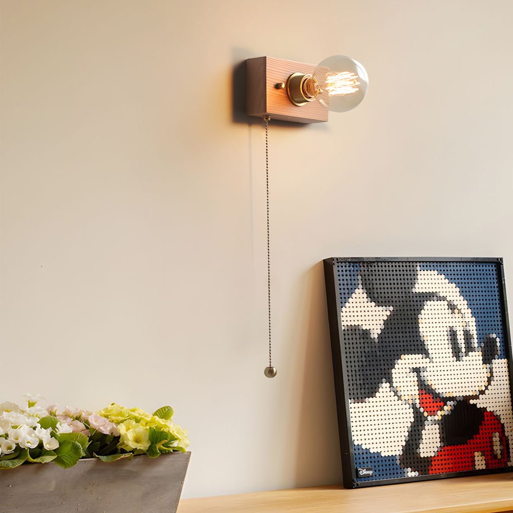 Round/Square Vintage Walnut Wood Wall Lamp – 1-Light with Pull Chain Switch