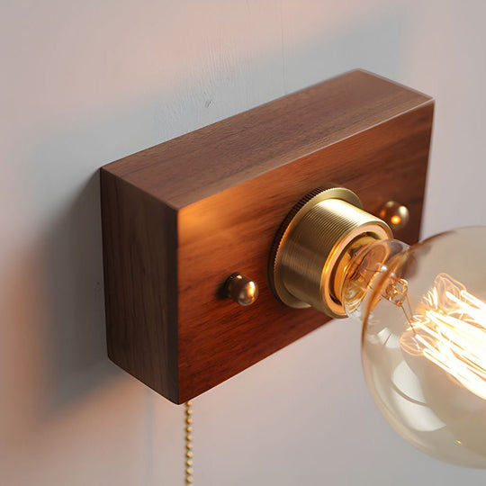 Round/Square Vintage Walnut Wood Wall Lamp – 1-Light with Pull Chain Switch