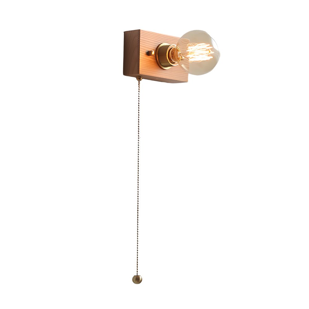 Round/Square Vintage Walnut Wood Wall Lamp – 1-Light with Pull Chain Switch