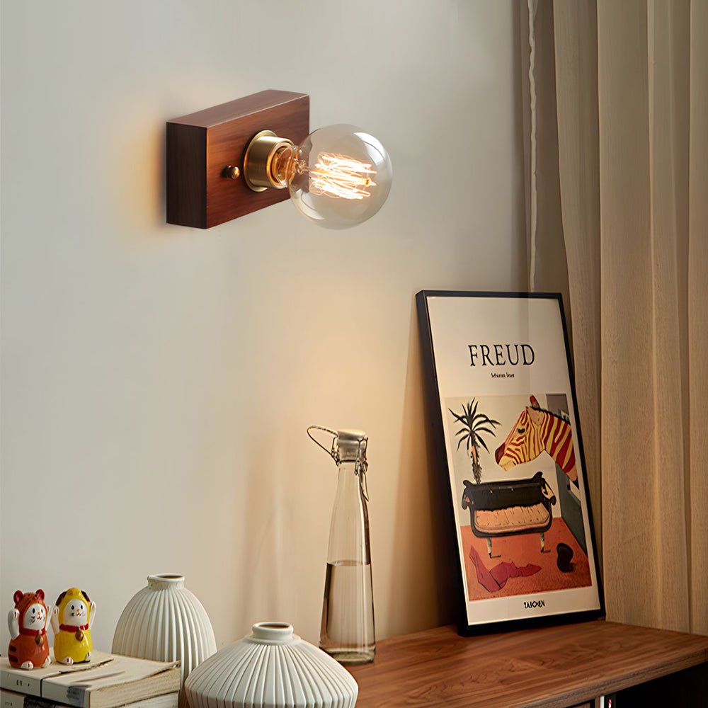 Round/Square Vintage Walnut Wood Wall Lamp – 1-Light with Pull Chain Switch