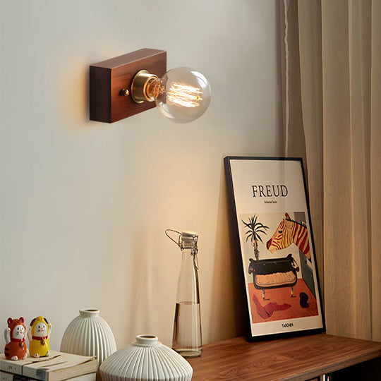 Round/Square Vintage Walnut Wood Wall Lamp – 1-Light with Pull Chain Switch