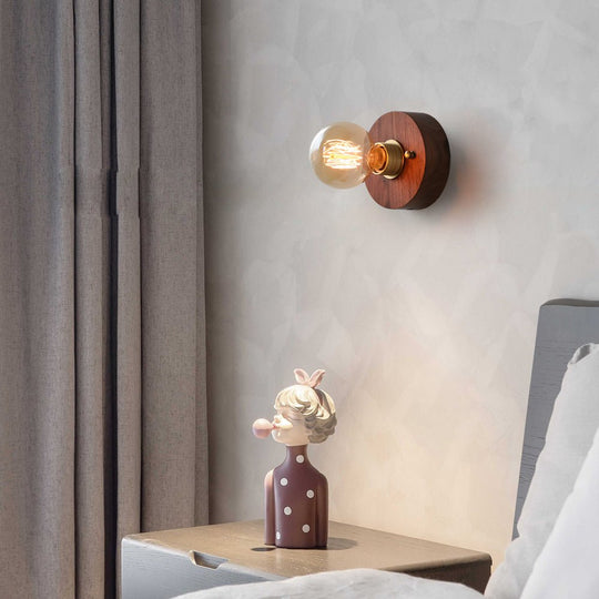 Round/Square Vintage Walnut Wood Wall Lamp – 1-Light with Pull Chain Switch