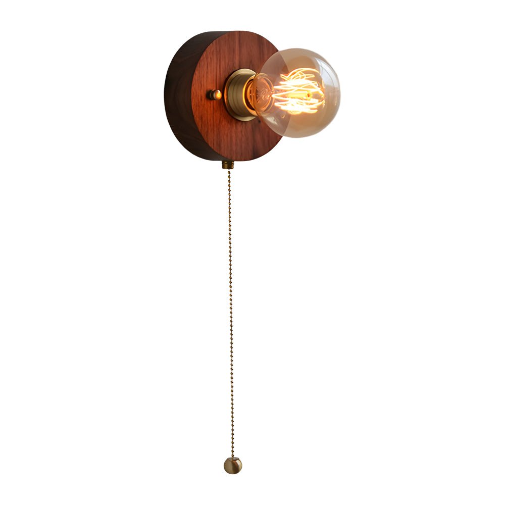 Round/Square Vintage Walnut Wood Wall Lamp – 1-Light with Pull Chain Switch