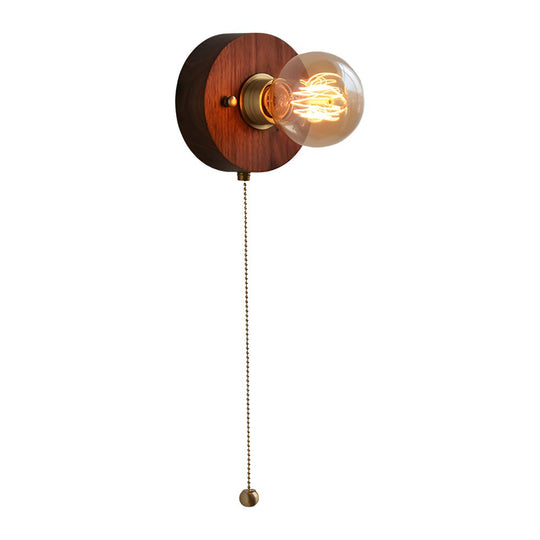 Round/Square Vintage Walnut Wood Wall Lamp – 1-Light with Pull Chain Switch