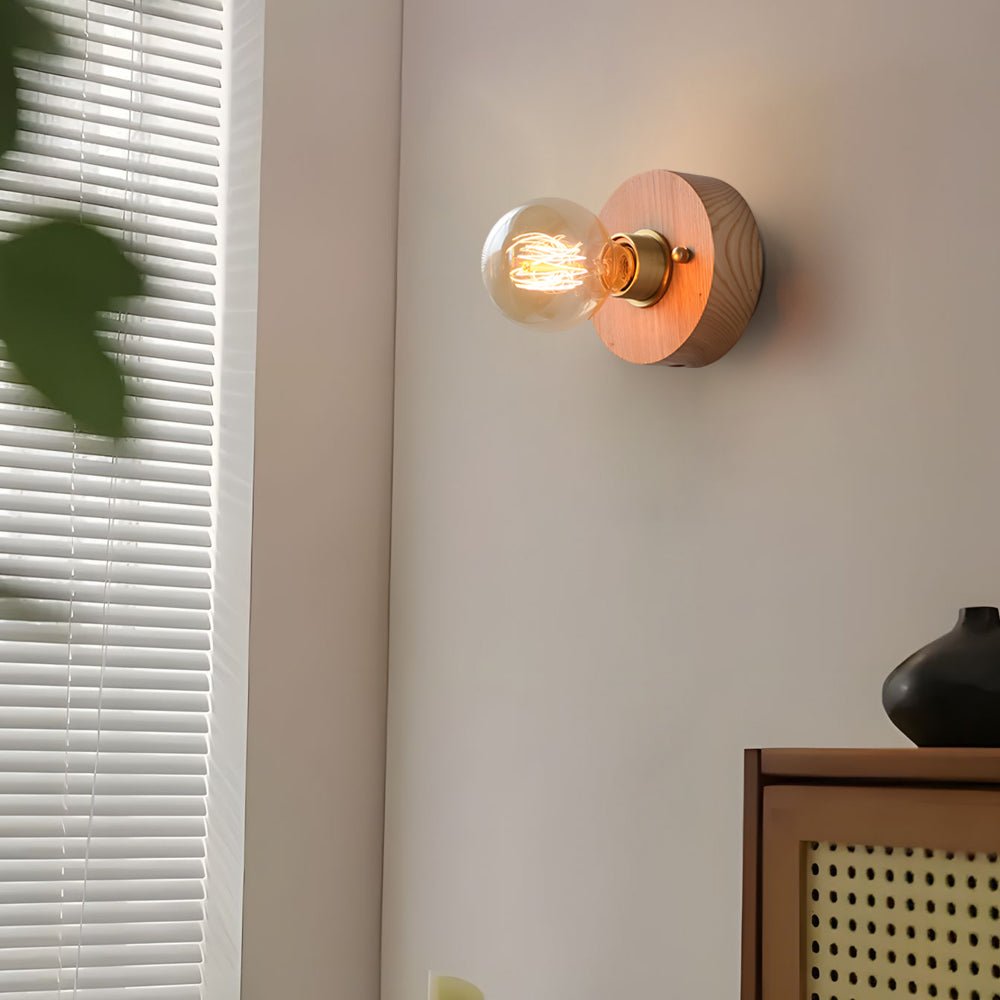 Round/Square Vintage Walnut Wood Wall Lamp – 1-Light with Pull Chain Switch