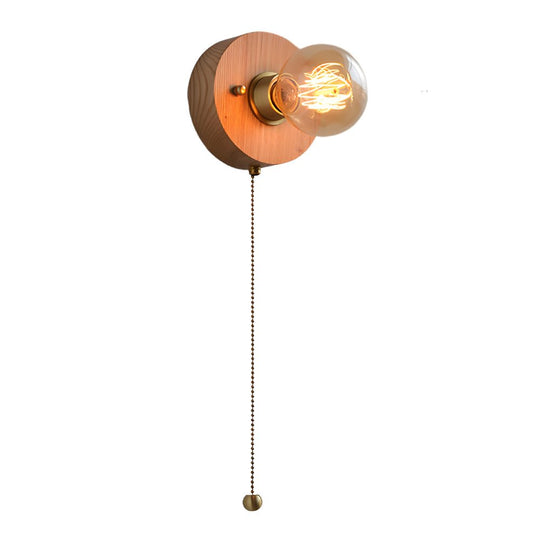 Round/Square Vintage Walnut Wood Wall Lamp – 1-Light with Pull Chain Switch