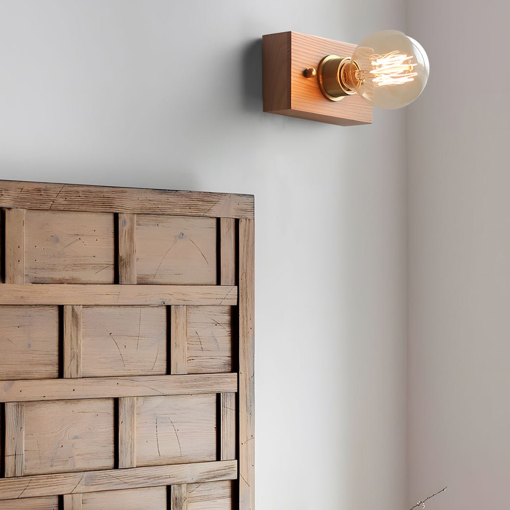 Round/Square Vintage Walnut Wood Wall Lamp – 1-Light with Pull Chain Switch