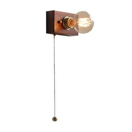 Round/Square Vintage Walnut Wood Wall Lamp – 1-Light with Pull Chain Switch