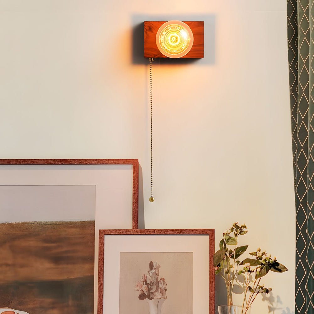 Round/Square Vintage Walnut Wood Wall Lamp – 1-Light with Pull Chain Switch