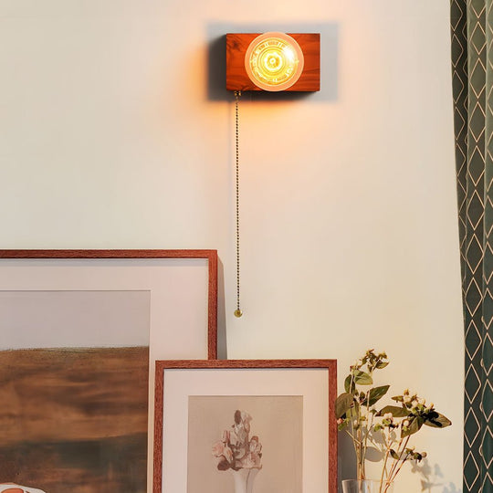 Round/Square Vintage Walnut Wood Wall Lamp – 1-Light with Pull Chain Switch