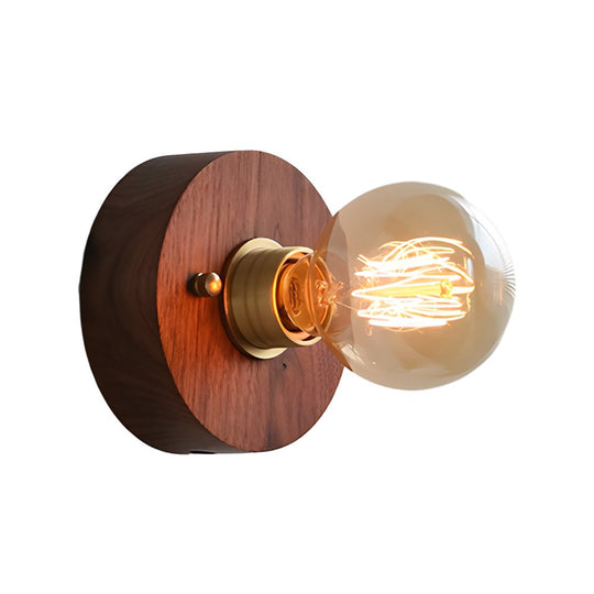Round/Square Vintage Walnut Wood Wall Lamp – 1-Light with Pull Chain Switch