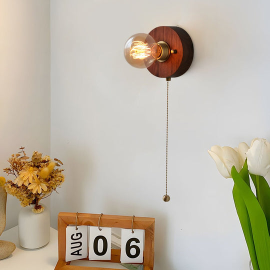 Round/Square Vintage Walnut Wood Wall Lamp – 1-Light with Pull Chain Switch
