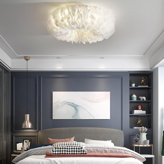 Round Feathers LED Nordic Ceiling Light Flush Mount Chandelier