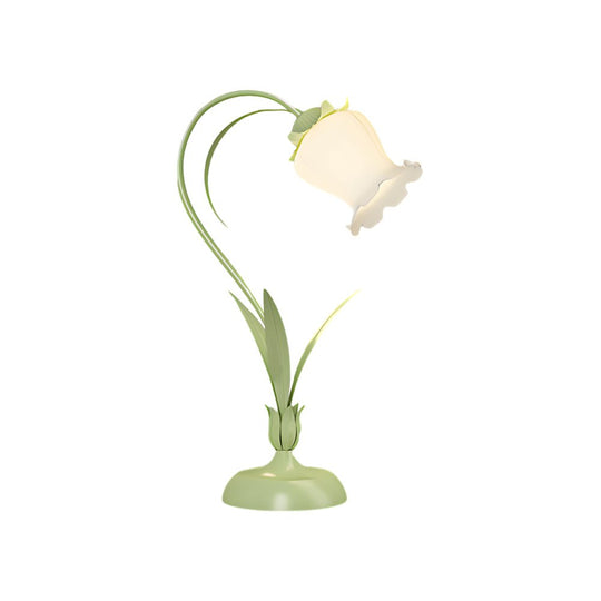 Rustic Green Desk Lamp with White Floral Glass Shade