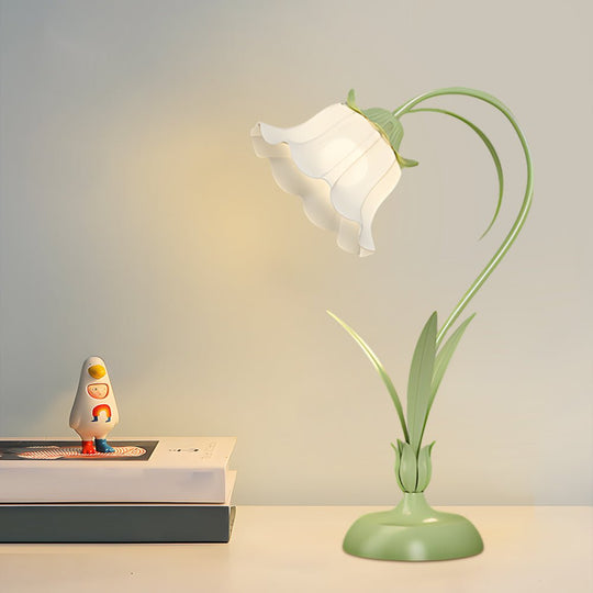 Rustic Green Desk Lamp with White Floral Glass Shade