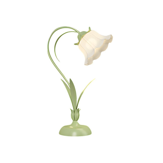 Rustic Green Desk Lamp with White Floral Glass Shade