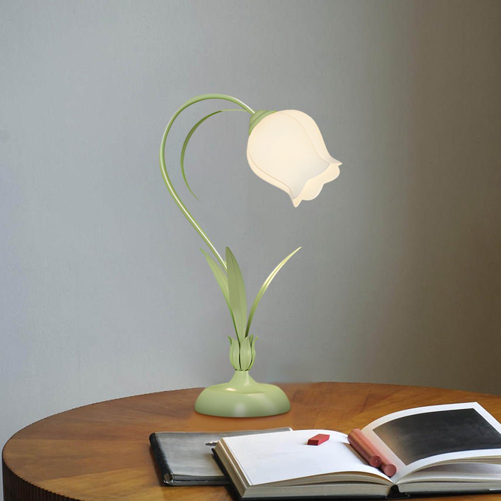 Rustic Green Desk Lamp with White Floral Glass Shade