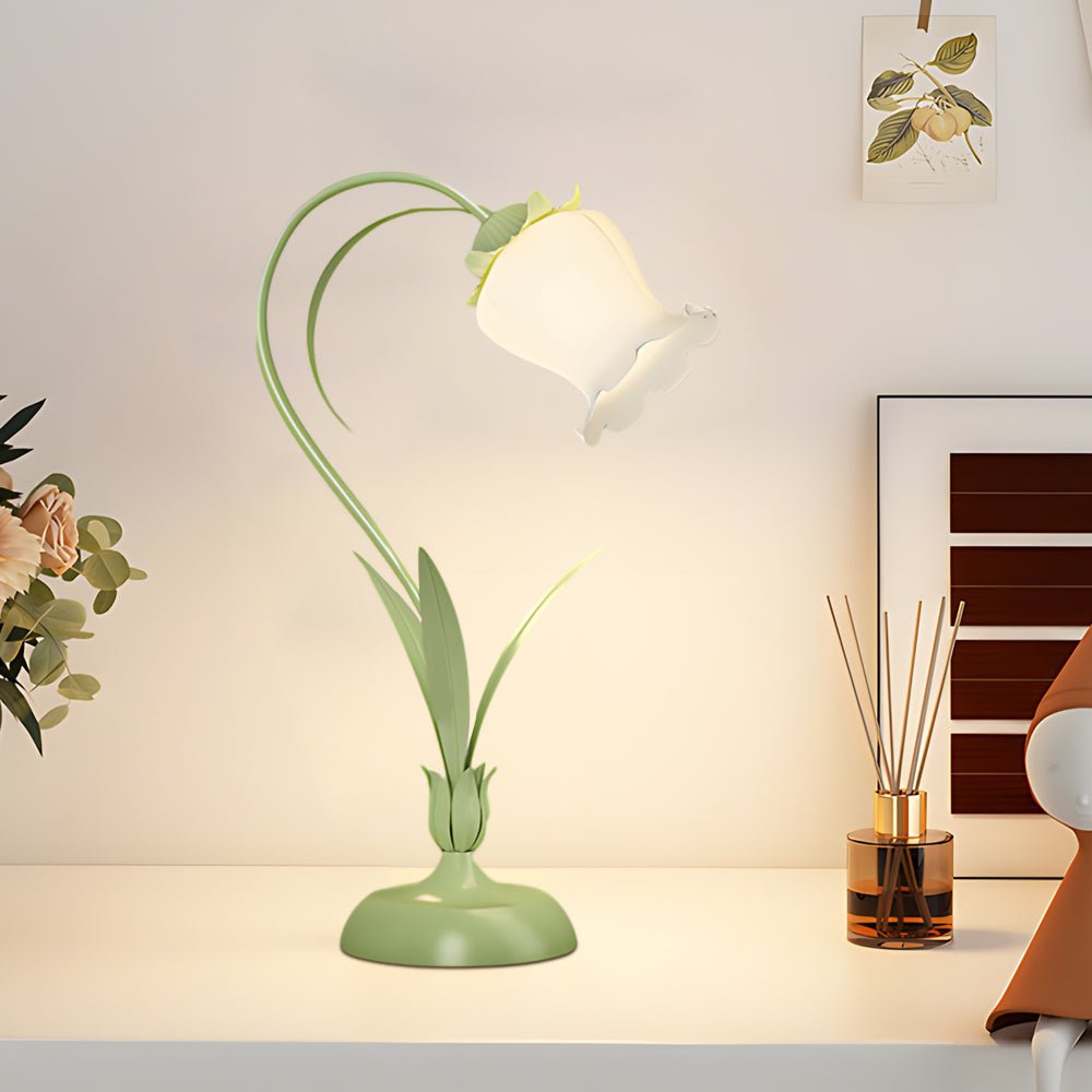 Rustic Green Desk Lamp with White Floral Glass Shade