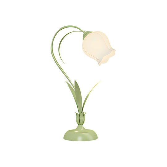 Rustic Green Desk Lamp with White Floral Glass Shade