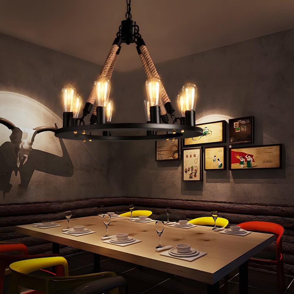 Rustic Industrial Hemp Rope Iron Frame Chandelier